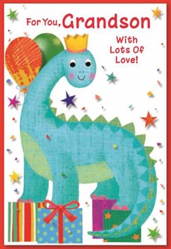 Grandson Birthday Card - Dinosaur in Party Hat Gifts Balloons Stars 7.75x5.25"