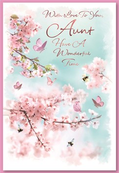 Aunt Birthday Card - Pink Blossom Flower Tree with Butterflies & Foil 7.5x5.25"