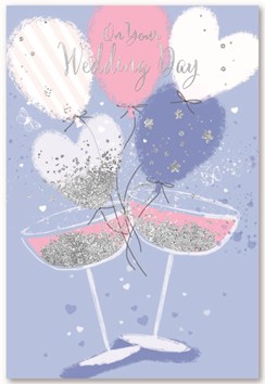 Wedding Day Card -  Lilac with Champagne Glasses Balloons & Glitter 7.75x5.25"