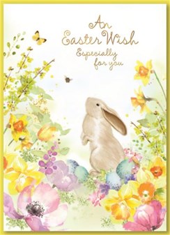 Happy Easter Card - Rabbit with Spring Flowers Butterfly and Gold Foil 7x5"