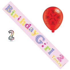 Age 2 Girl Birthday Party Pack - Banner, Balloons, Number Candle, Age 2 Girl Birthday Party Pack - Banner, Balloons, Number Candle,