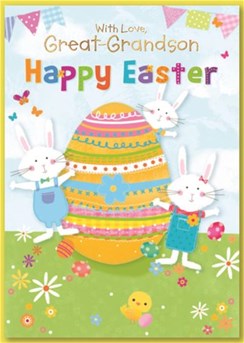 Great Grandson Easter Card - Bunnies with Giant Decorated Egg and Gold Foil 7x5" Great Grandson Easter Card - Bunnies with Giant Decorated Egg and Gold Foil 7x5"