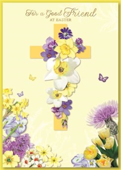Special Friend Easter Card - Yellow Cross Flowers Butterflies Gold Foil 7.5x5.2"