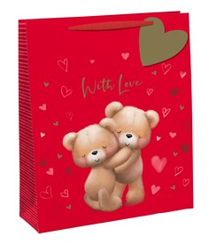 Medium Valentine's Day Gift Bag Ribbon Handle & Tag - Red With Bears Hugging