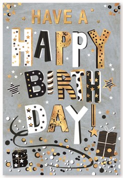 Open Birthday Card - Grey with Black White & Gold Foil Writing 7.75x5.25"