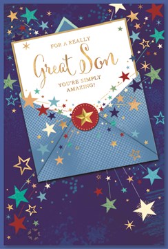 Son Birthday Card - Blue Background Open Envelope with Stars and Gold Foil  9x6"