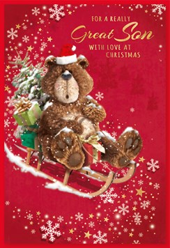 Son Christmas Card - Brown Santa Bear on Sledge with Gold Foil 7.5x5.25"