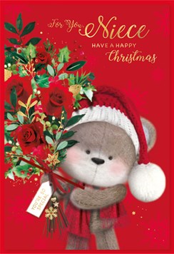 Niece Christmas Card - Santa Bear with Red Rose Bouquet and Gold Foil 7.5x5.25"