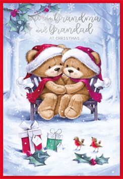Grandma & Grandad Christmas Card - Santa Bears on Bench Glitter Foil 7x5.25" Grandma & Grandad Christmas Card - Santa Bears on Bench Glitter Foil 7x5.25"