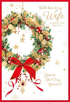Wife Christmas Card - Holly and Bauble Wreath with Gold Foil 7x5.25"