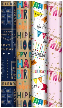 12m Happy Birthday Gift Wrapping Paper - 4 x 3m Roll's - Mixed Male & Female