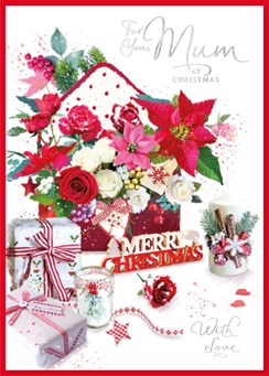 Mum Christmas Card - Flowers Candles and Gifts with Silver Foil 9.75x7"