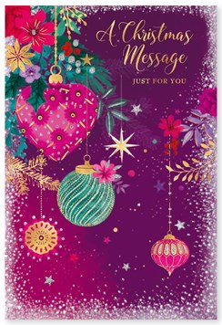 Open Christmas Card - Purple with Baubles, Silver Glitter and Foil 7.25 x 5.5"