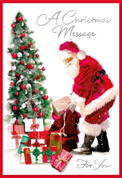 Open Christmas Card - Santa, Gifts & Christmas Tree with Foil 7.5x5.25" Open Christmas Card - Santa, Gifts & Christmas Tree with Foil 7.5x5.25"