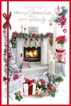 Grandson & Family Christmas Card - Fireplace and Stockings with Silver Foil 9x6"