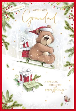 Grandad Christmas Card - Cute Bear on Sleigh with Gifts and Foil 7.5" x 5.25"