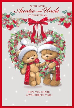 Auntie & Uncle Christmas Card - Bears in Santa Hats in Flower Heart 7.5" x 5.25"