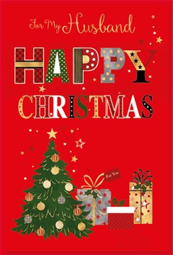 Husband Christmas Card - Red with Tree & Gifts with Gold Foil 9x6" Husband Christmas Card - Red with Tree & Gifts with Gold Foil 9x6"