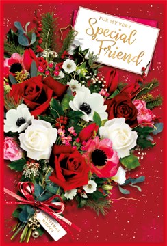 Friend Christmas Card - Bunch of Red & White Roses with Gold Foil 9" x 6"