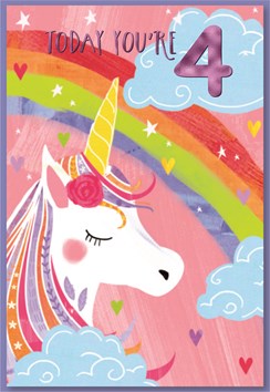 Age 4 Girl Birthday Card - Unicorn and Rainbow with Lilac Foil 7.75x5.25"
