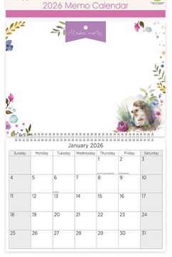 2026 Spiral Bound Memo Board Calendar & Write On Wipe Off Pen - Hedgehog