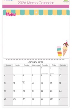2026 Spiral Bound Memo Board Calendar & Write On Wipe Off Pen - Ice Cream