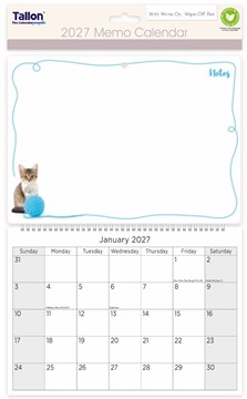 2027 Spiral Bound Memo Board Calendar & Write On Wipe Off Pen - Cats