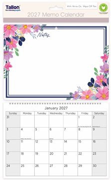 2027 Spiral Bound Memo Board Calendar & Write On Wipe Off Pen - Flowers