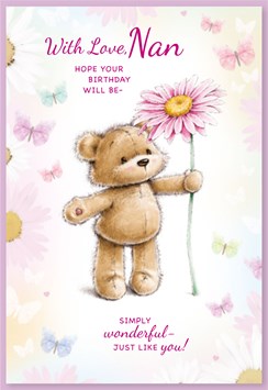 Nan Birthday Card - Bear with Giant Flower Butterflies and Glitter 7.75x5.25"