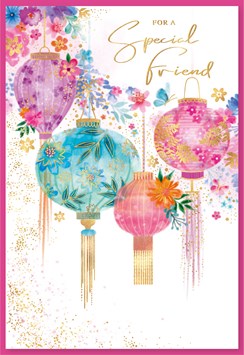 Special Friend Birthday Card - Floral Lanterns with Gold Foil 7.75x5.25"