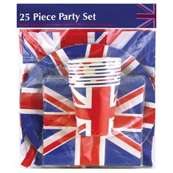 25 Piece Union Jack Tableware Party Set - Tablecover Napkins Plates Cups