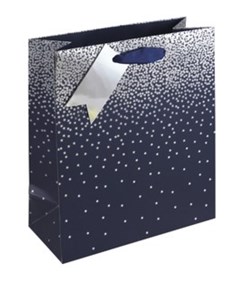 Medium Gift Bag - Blue with Silver Foil Stars & Gift Tag Ribbon Handle 10x8.5"