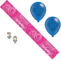 Age 30 Female Birthday Party Pack - 30th Banner, Balloons, Number Candles