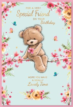 Special Friend Birthday Card - Bear Sat on Blossom Tree with Gold Foil 7.75x5.25