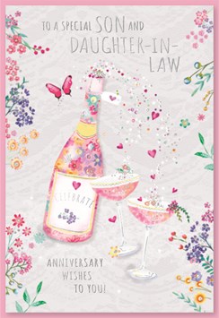 Son & Daughter-in-Law Card - Champagne Glasses Flowers & Silver Foil 7.5x5.25"