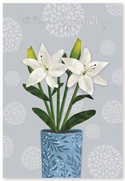 Deepest Sympathy Card - White Lily Plant with Silver Foil 7.75x5.25"