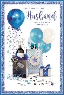 Husband Birthday Card - Blue and White Balloons and Presents Silver Foil 9x6 "