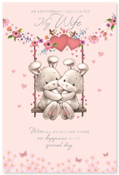 Wife Wedding Anniversary Card - Bunny's on Swing Flowers Hearts Silver Foil 9x6" Wife Wedding Anniversary Card - Bunny's on Swing Flowers Hearts Silver Foil 9x6"