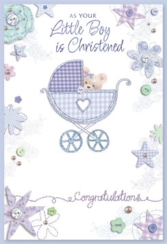 Baby Boy Christening Day Card - Bear in Blue Pram with Foil & Glitter 7.5x5.25" Baby Boy Christening Day Card - Bear in Blue Pram with Foil & Glitter 7.5x5.25"