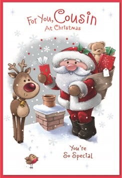 Cousin Christmas Card - Santa, Reindeer & Chimney with Red Foil 7.5x5.25"