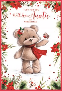 Auntie Christmas Card -  Bear Robin with Poinsettia Flowers & Red Foil 7.5x5.25