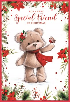 Special Friend Christmas Card - Cute Bear Holding Robin with Red Foil 7.5x5.25"