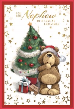 Nephew Christmas Card -  Santa Bear and Xmas Tree with Gold Foil 7.5x5.75"