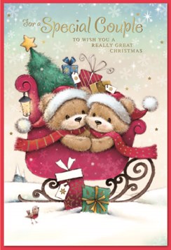 Special Couple Christmas Card - Bears In Santa Hats, Sleigh & Gifts 7.5x5.25"