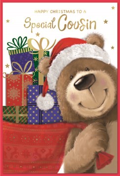 Cousin Christmas Card - Santa Bear with Gifts & Gold Foil 7.5x5.25"