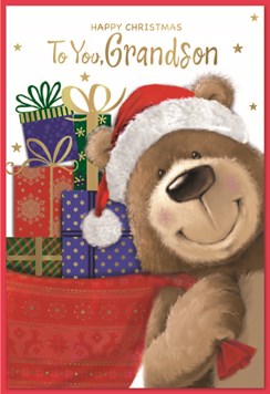 Grandson Christmas Card - Santa Bear with Gifts & Gold Foil 7.5x5.25"