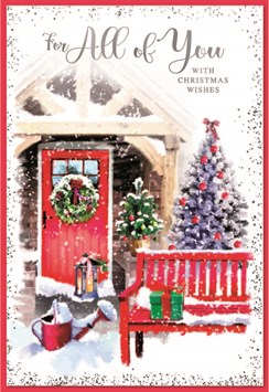 To All of You Christmas Card Snowy Xmas Tree Red Bench Outside House 7.75x5.25"