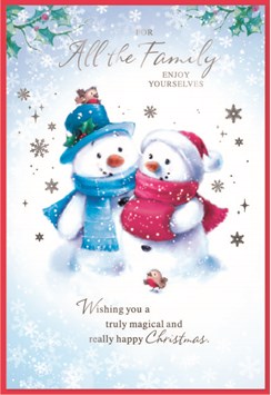To All the Family Christmas Card - Snowman Couple with Robins & Foil 7.5x5.25"