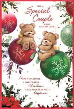 Special Couple Christmas Card - Bears & Baubles with Mistletoe & Red Foil 9x6"