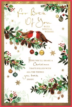 To Both of You Christmas Card - Robins on Holly Tree with Gold Foil Verse 9x6"